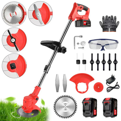 Electric Lawn Mower Cordless Grass Cutter with 2 Batteries Handheld Lawnmower Adjustable Length Grass Trimmer