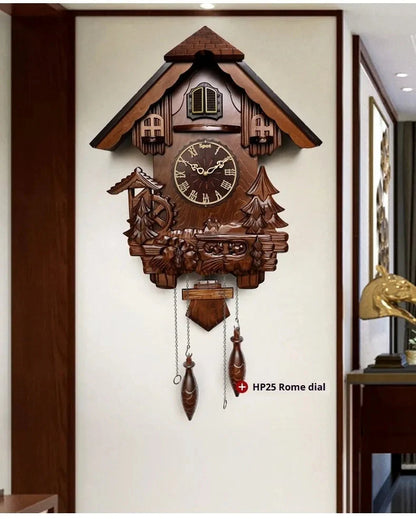 Antique Classic Solid Wood Hand-carved Cuckoo Wall Clock, Children's Music, Hour Announcement Swinging Creative Clock