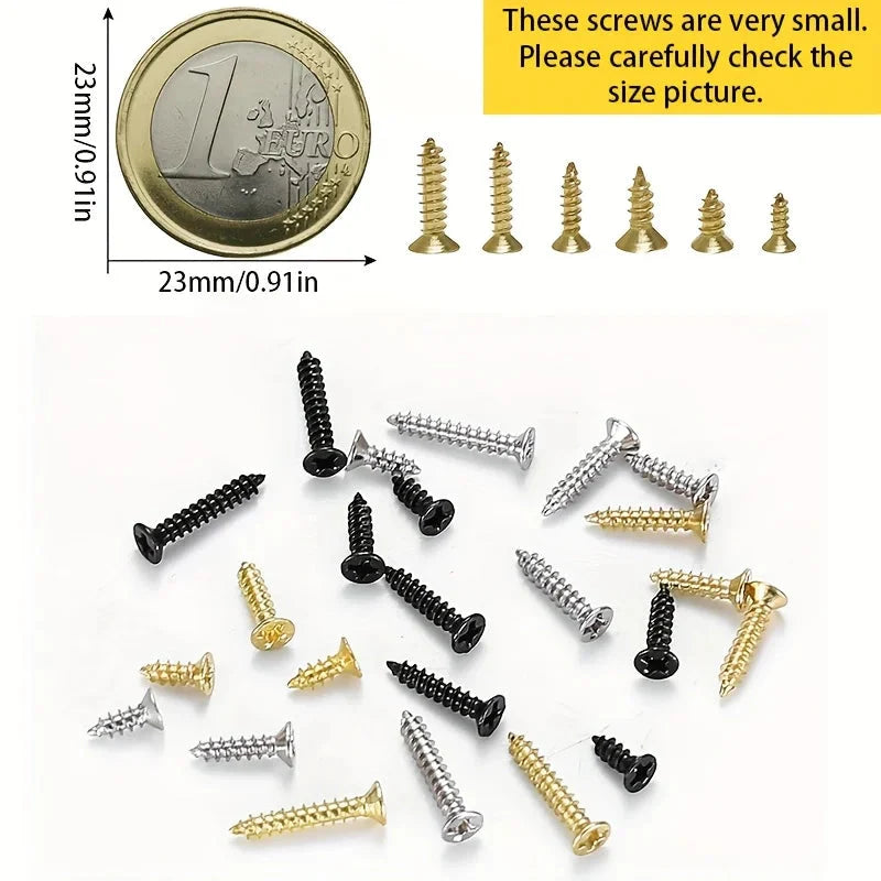 2400pcs Miniature Self-Tapping Screws, M2 Wood Screws, Phillips Head Screws, Flat Head Screws, Gold, Black, Silver Set