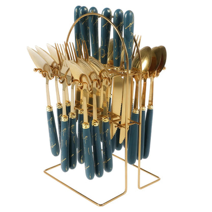 24-Piece Stainless Steel Silverware Set with Vertical Hanging Storage Rack - Mirror Polished Flatware