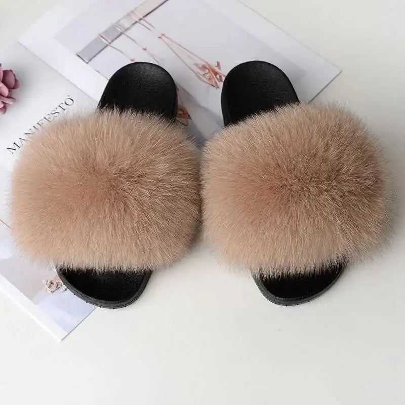 Summer Women Fur Slides Fluffy Furry Slippers Indoor Fuzzy Flip Flops Casual Outdoor Flat Ladies Fur Sandals Plush House Shoes