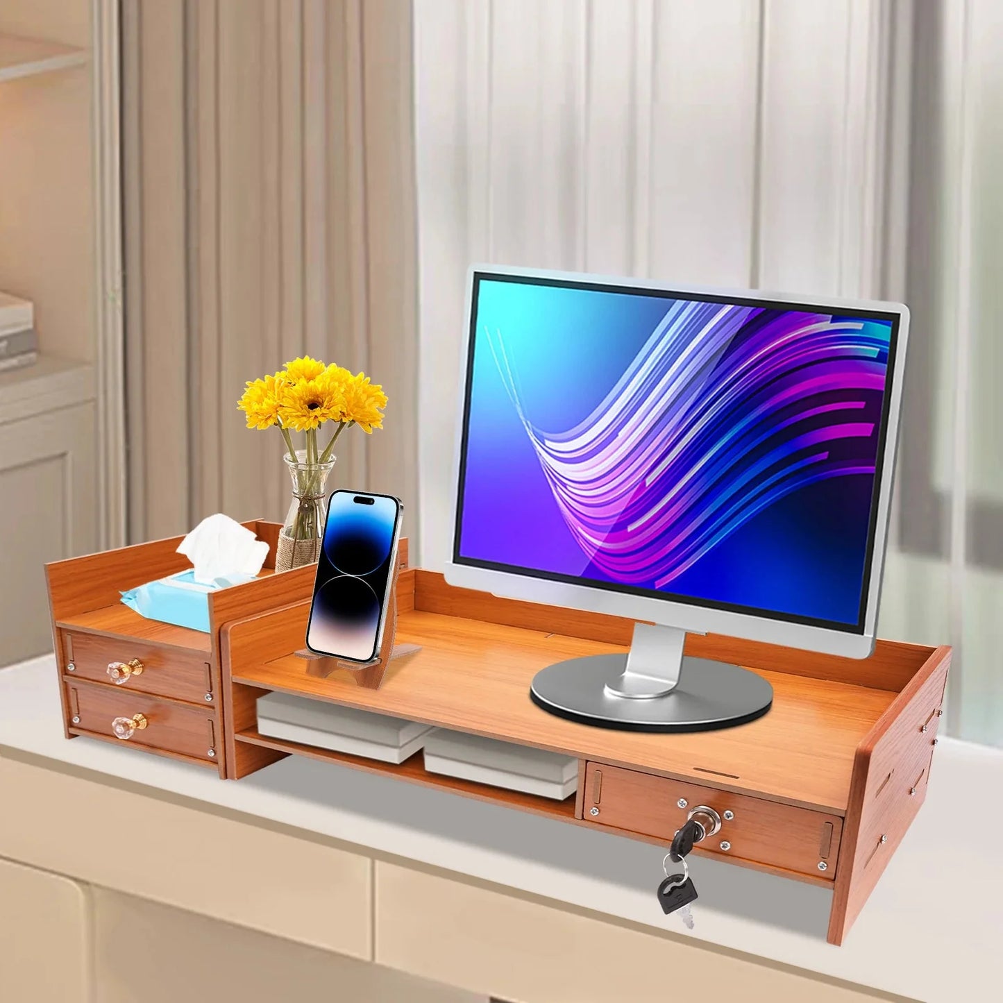 Wooden Desk Organizer W/ Drawer File Storage Desk Monitor Riser Computer Stand