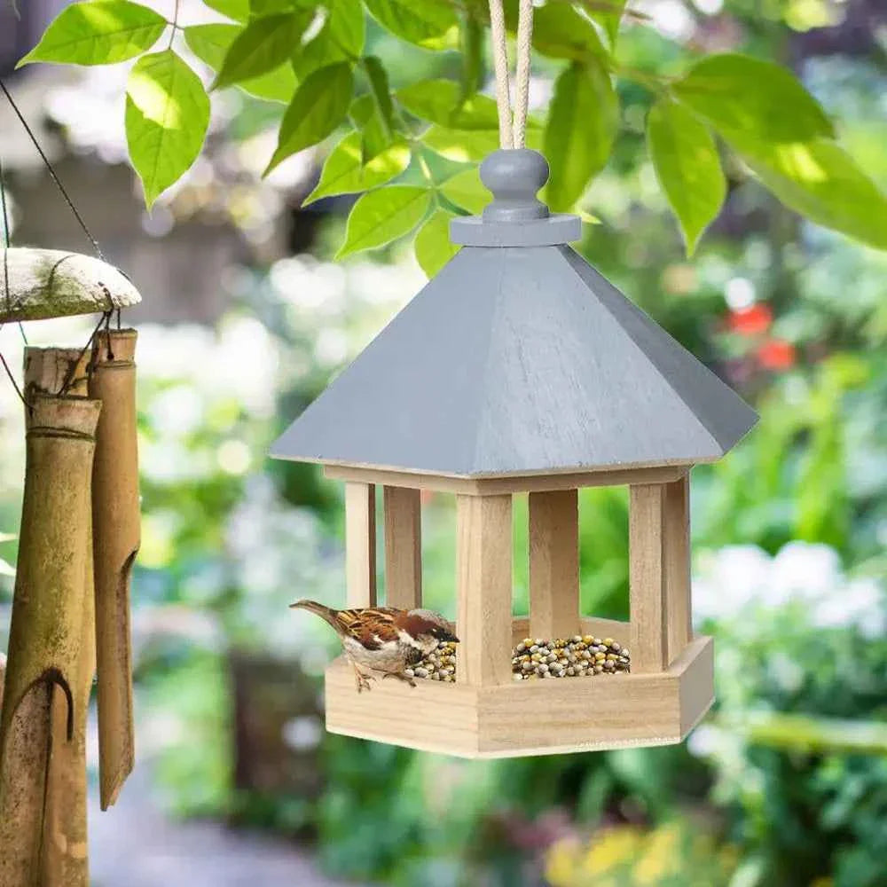 Wooden House Bird Feeder Outdoor Wooden Birds House Hanging Feeding Station Hollow Bird Feeder Food Container for Garden Park