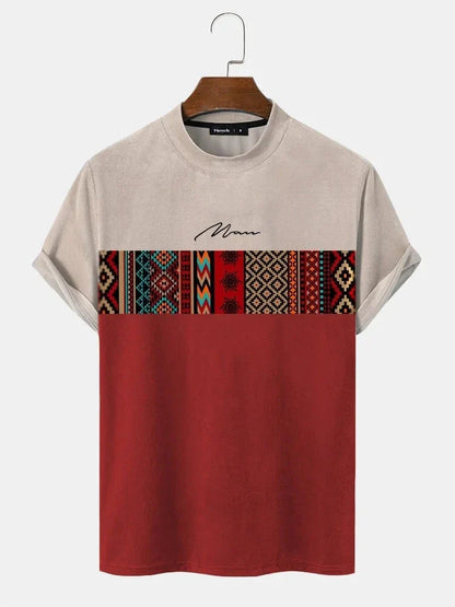 Men's C'EST LA VIE Paris Color Block T-Shirt Beige Gray Brown Casual Short Sleeve Fashion Top