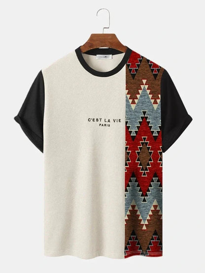 Men's C'EST LA VIE Paris Color Block T-Shirt Beige Gray Brown Casual Short Sleeve Fashion Top