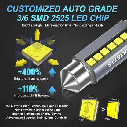 5Pcs MAXGTRS LED C5W C10W 39mm 41mm 42mm LED Festoon Canbus Error Free 6500K White Car Interior Light Reading Dome Trunk Lamp 12