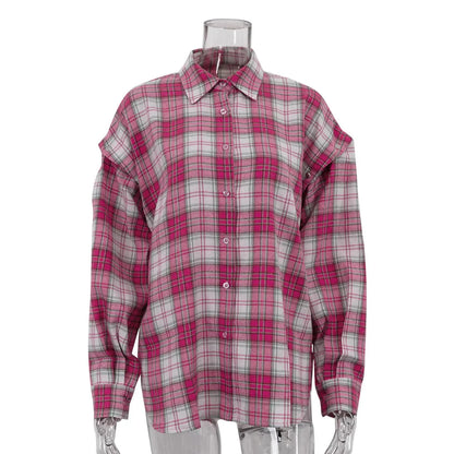 Pink Plaid Shirt for Women in Europe and America New Versatile Loose Shirt for Women Removable Long-sleeved Lapel Top