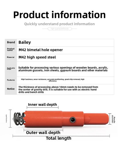 M42 bi-metal woodworking hole saw for drywall, PVC, plastic, iron plate, and recessed light drilling.
