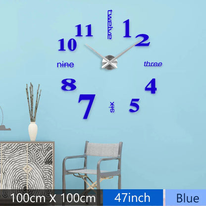 Fashion 3D Mediterranean style big size blue wall clock mirror sticker DIY brief living room decor meetting room wall clock