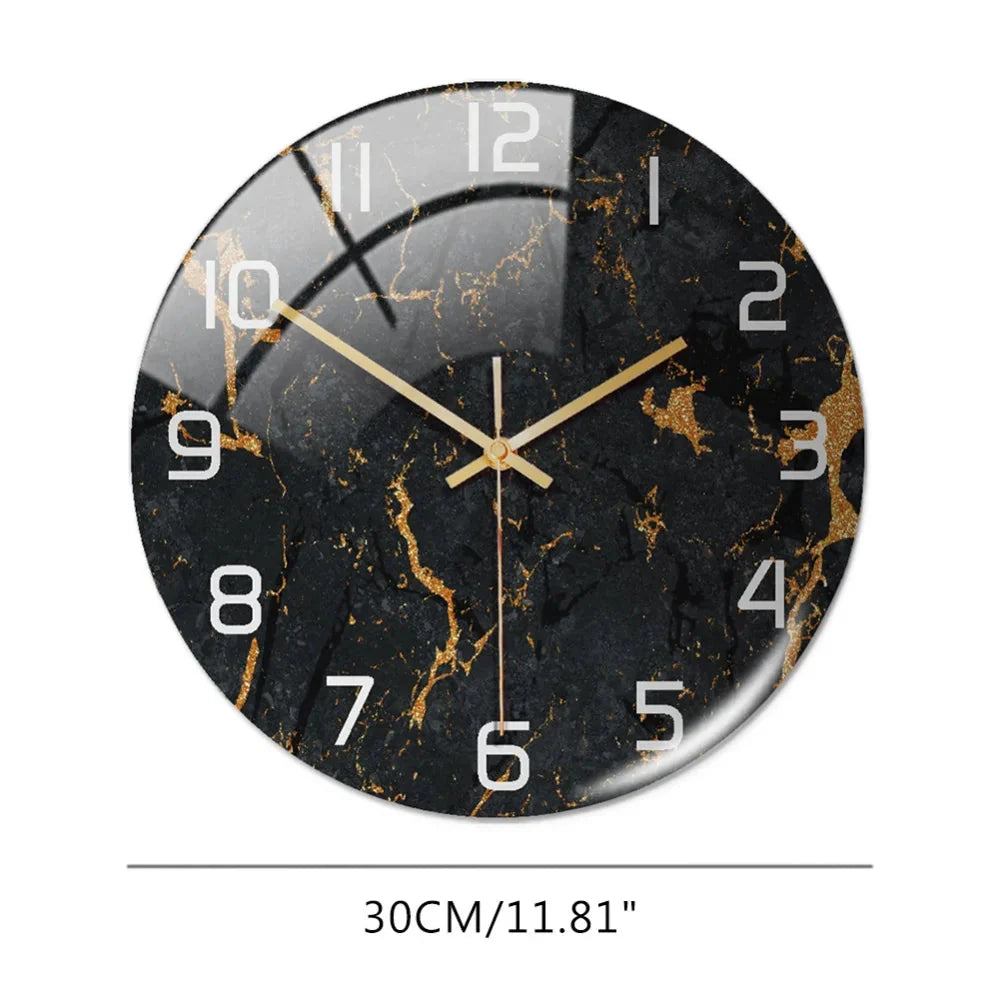 Black Gold Marble Metal Needle Modern Acrylic Round Clock 12"
