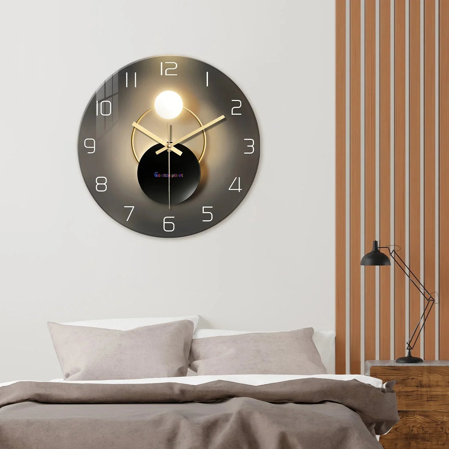 Light Luxury Simple Light and Shadow Flat Pattern Tempered Glass Wall Clock Living Room Bedroom Kitchen Home Decoration Wall Clock Silent Quartz Clock Holiday Gift 12 Inches 14 Inches 16inch (Without Batteries)