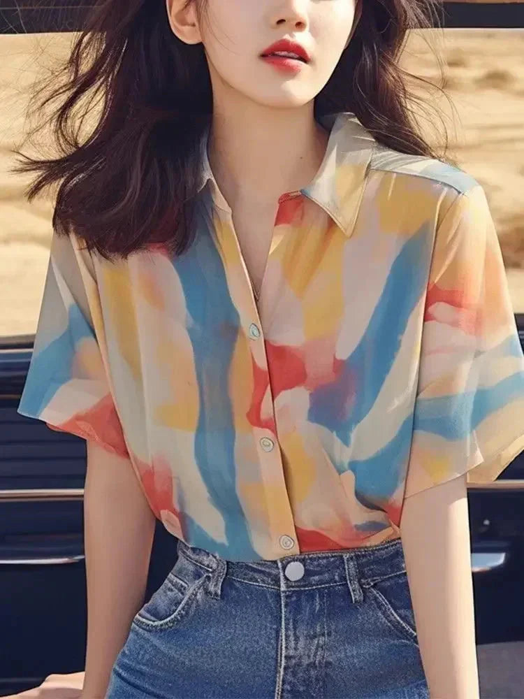 French Chic Top Print Versatile Elegant Casual Chiffon Short-sleeved Shirt for Women