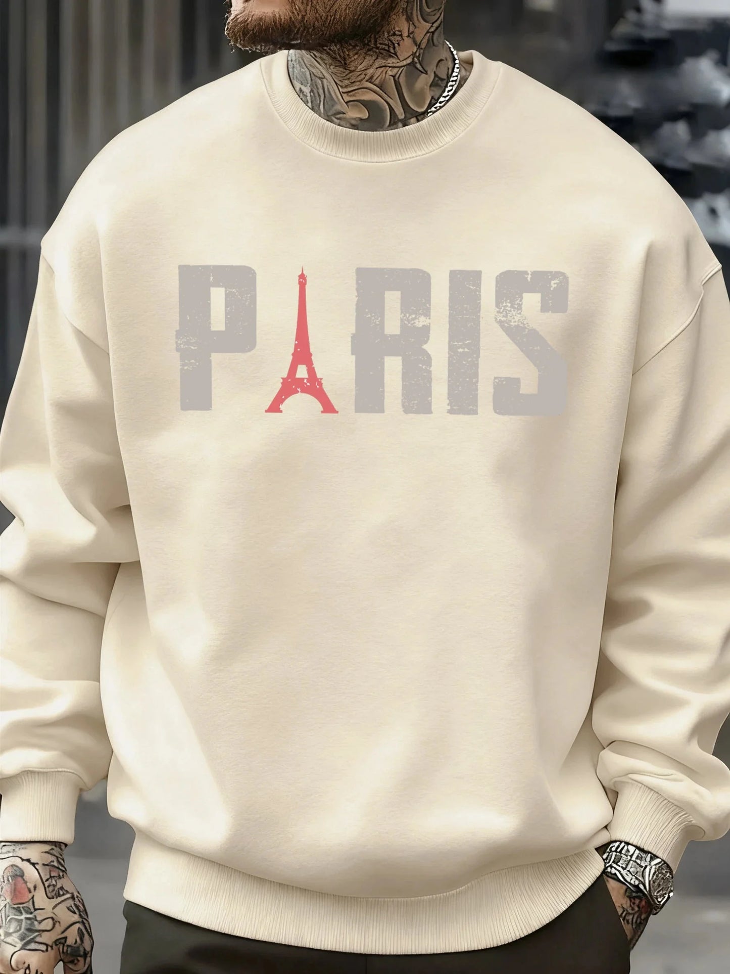 Famous Paris Tower Pattern Sweatshirt Men O-Neck Clothes Autumn Fleece Retro Pullover Loose Unisex Colour Fashion Streetwear