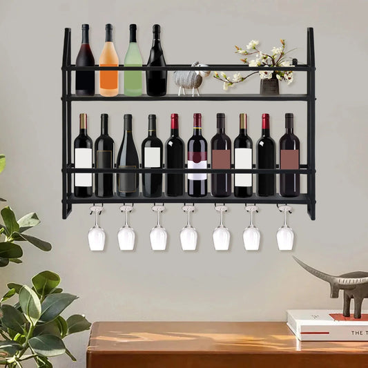 Wall Mounted Iron Wine Rack Bottle Champagne Glass Holder Shelves Bar Home Party Light and Strong Durable Unique Design Decor
