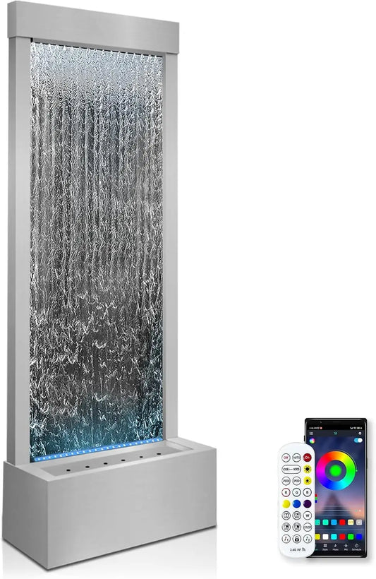 Mirror Waterfall Fountain Indoor, 48" Water Feature With 7 Colors Light, Self-Contained LED Kit, Large Stainless Steel Home Deco