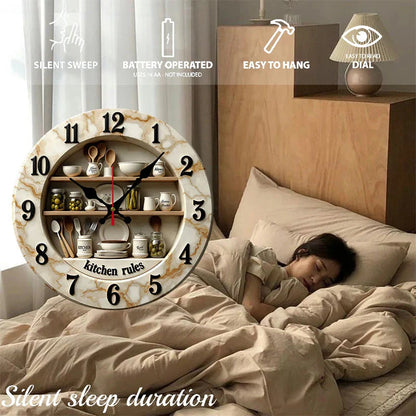 2D Flat Kitchen Rules Design Wooden Round Silent Hanging Wall Clock,For Living Room,Office,Study Room,Bedroom, Home Decoration