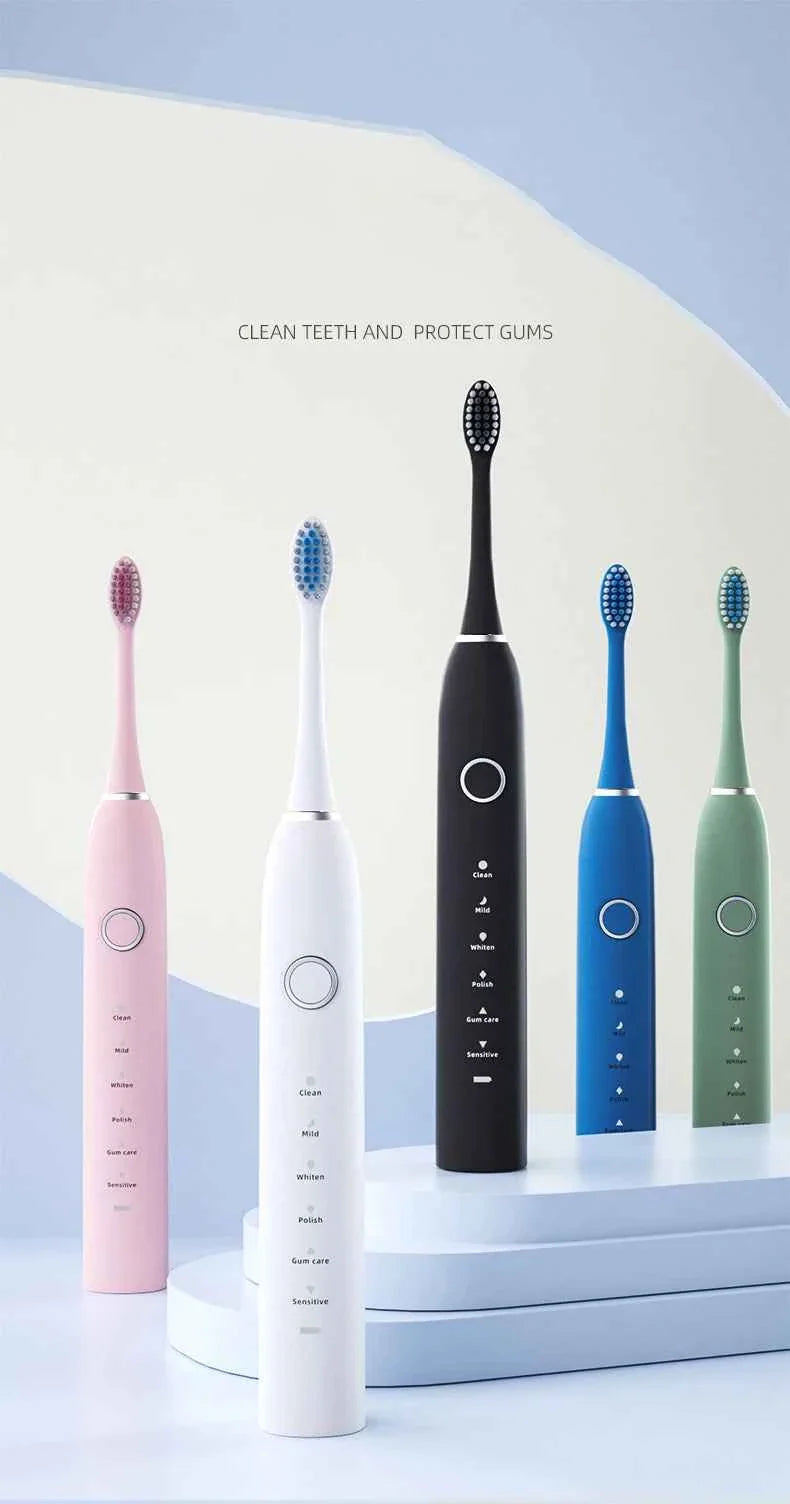 6 Modes Electric Sonic Toothbrush USB Rechargeable for Adults Ultrasonic Tootbrush with 4/8 Replacement Heads Smart Timer IPX7