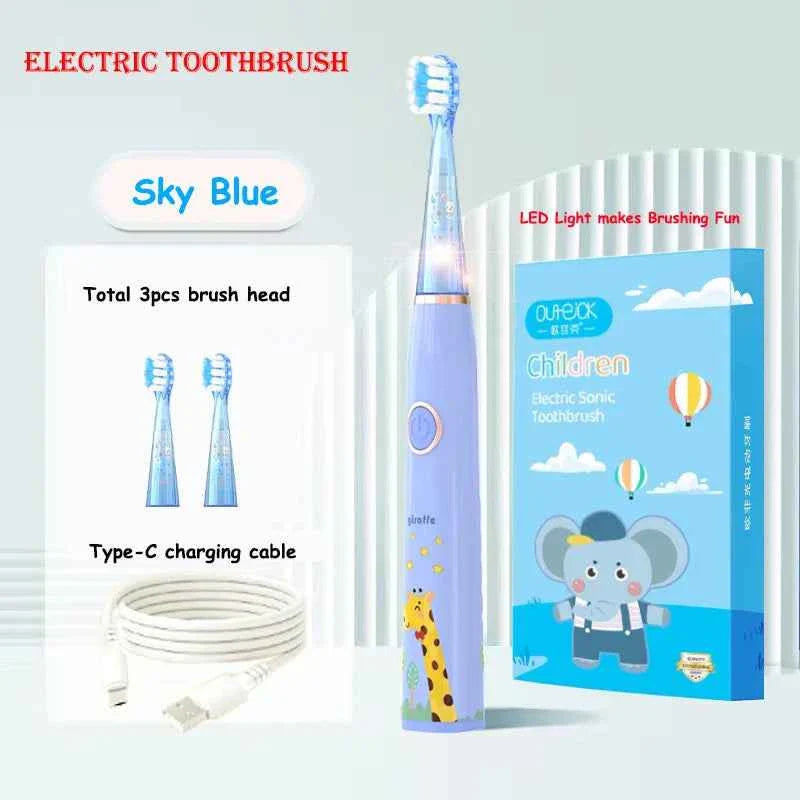 Kids Sonic Electric Toothbrush Cartoon with Colorful LED Light IPX7 Waterproof Deep Clean Teeth Care Rechargeable Toothbrush