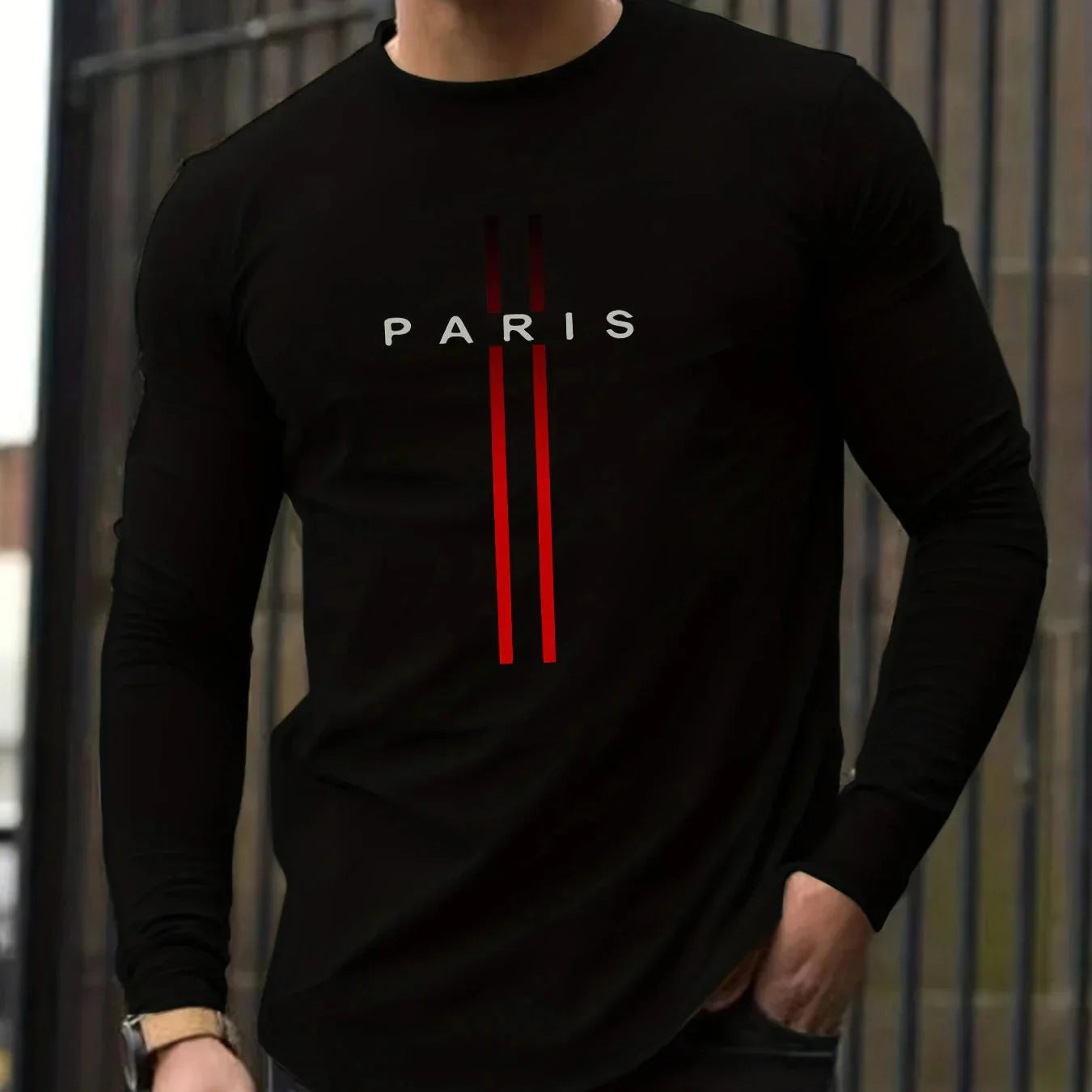 Men's Spring and Autumn 100% Cotton Loose and Comfortable Casual Paris Pattern Printed Round Neck Long Sleeve T-shirt