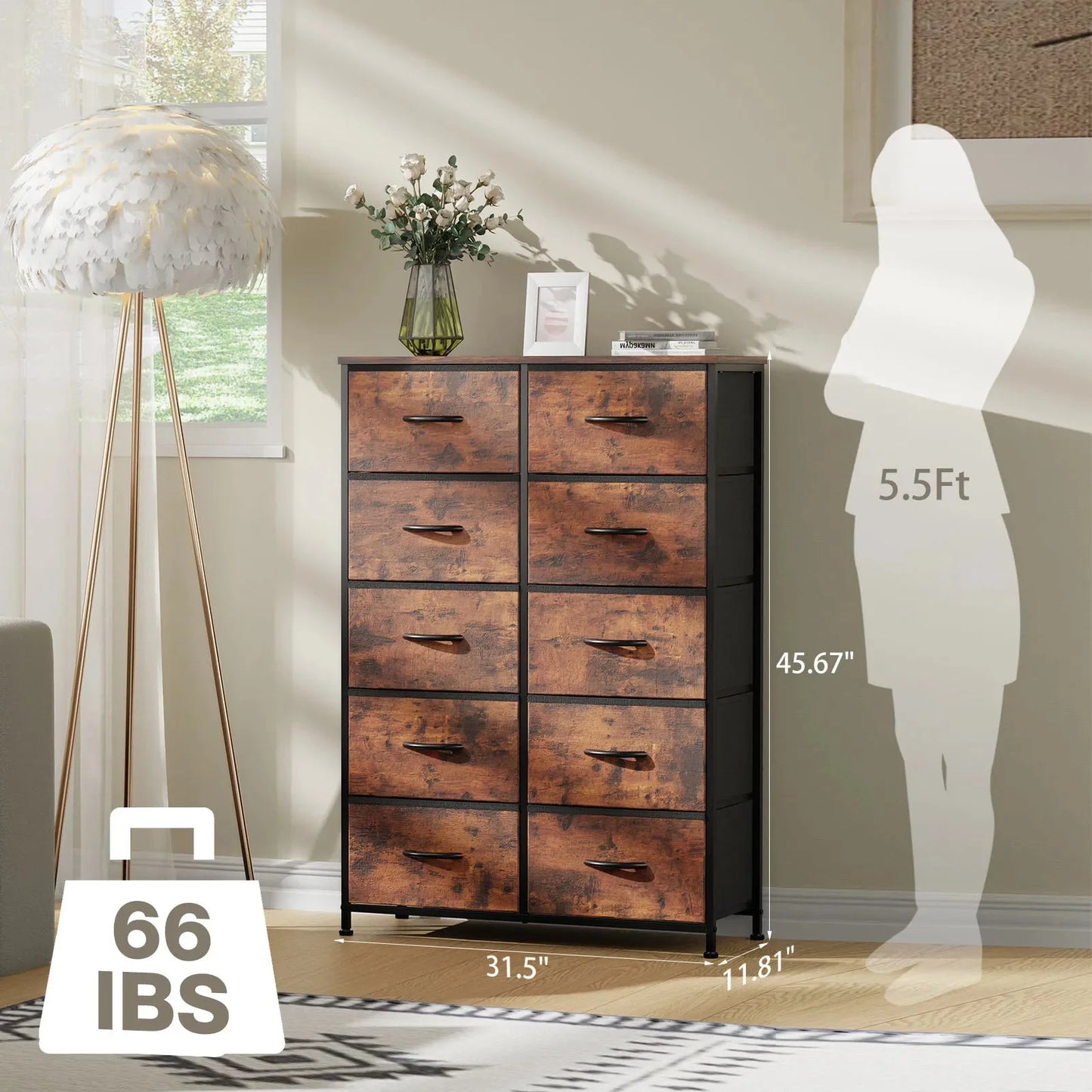 Dresser for Bedroom Storage Drawers, Fabric Storage Tower with 2/4/5/6/7/8/9/10 Drawers Sturdy Metal Frame