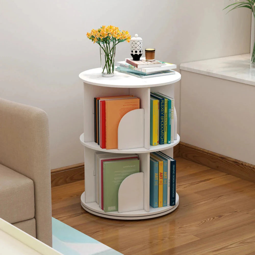 2/4-Tier Wooden Rotatable Bookshelf - 360°Display Floor Standing Storage Rack, White Multifunctional Bookshelf Organizer