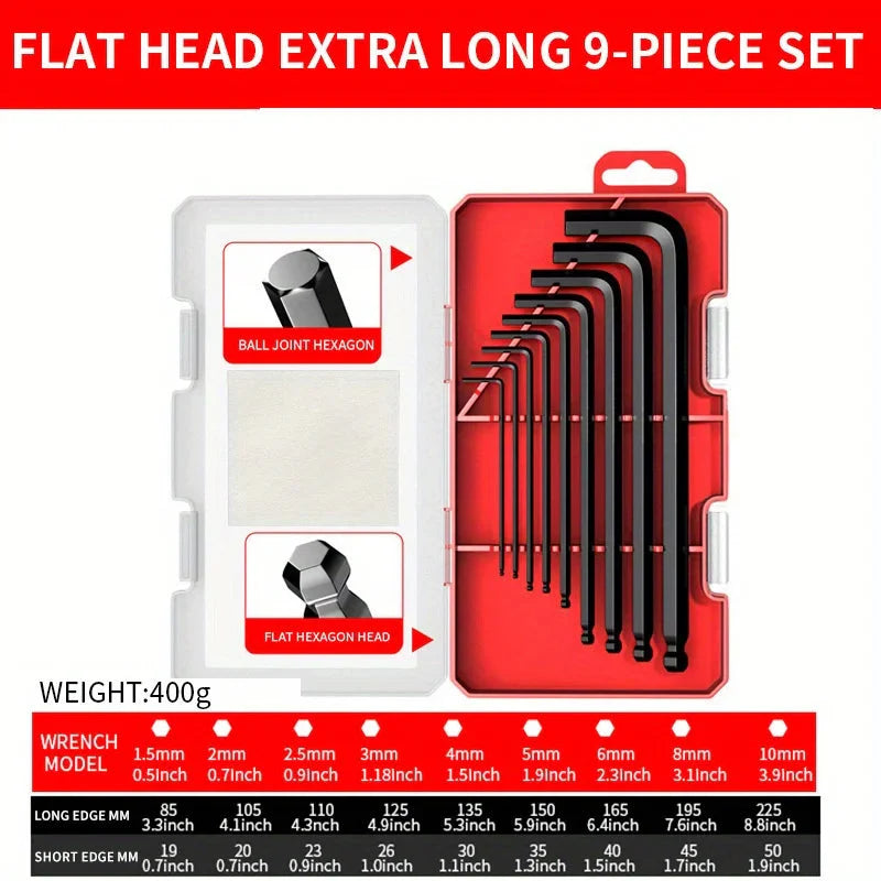 Professional 10-Piece Hex Key Set - Metric & SAE - CR-V Steel Allen Wrenches with Ball End
