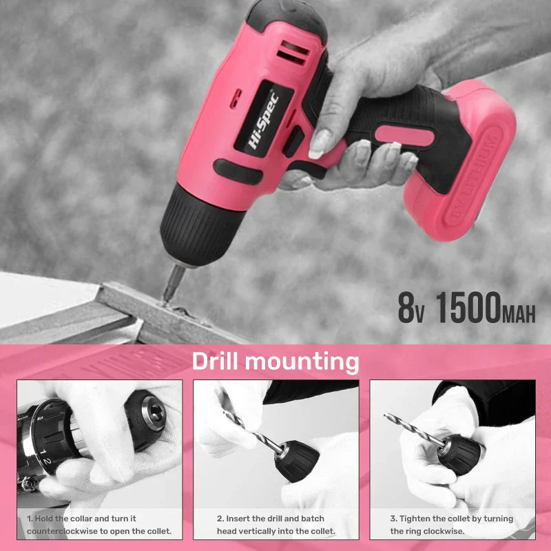 Hi-Spec 92-Piece Pink Home Tool Box Set, Multi-Function Hand Repair Kit with Hammer Cordless Power Drill Combo for Household DIY