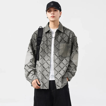 Gradient Ripped Plaid Shirt Men Streetwear Fashion Loose Casual Long Sleeve Oversize Cargo Shirts Cardigan Coat Blouses