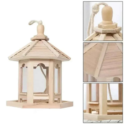 Bird House Ornaments House Shape Bird Feeder House Hanging Wooden Pet Feeder Box Bird Food Dispenser Balcony