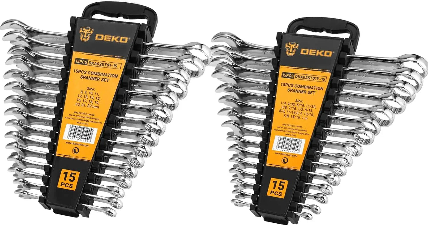 DEKOPRO Combination Wrench Set SAE / Metric,  1/4'' to 1'' & 8-22mm, 12-Point, Chrome Vanadium Steel