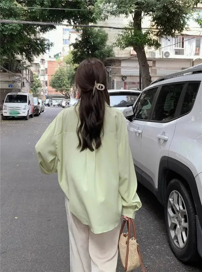 Sunscreen Shirt for Women in Summer New Polo Collar French Unique Loose Solid Color Long-sleeved Top Trendy