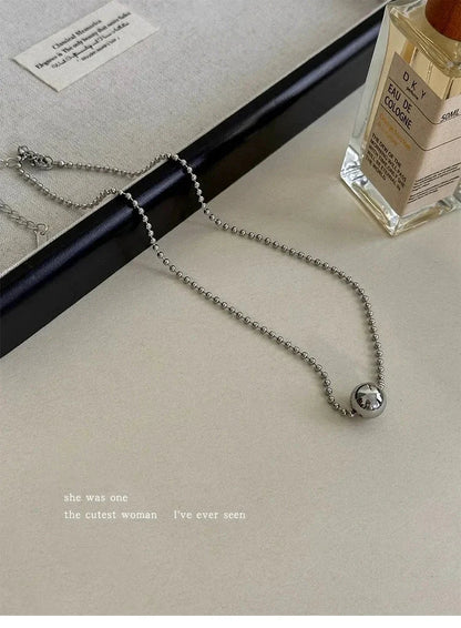 Personality Design Silver Color Stainless Steel Beaded Ball Pendant Necklace for Women Double Layer Hip Hop Rock Chokers Jewelry