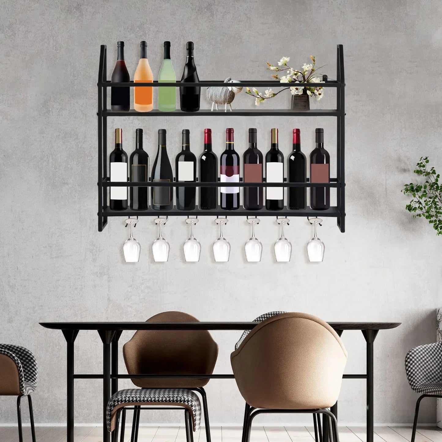 Wall Mounted Iron Wine Rack Bottle Champagne Glass Holder Shelves Bar Home Party Light and Strong Durable Unique Design Decor