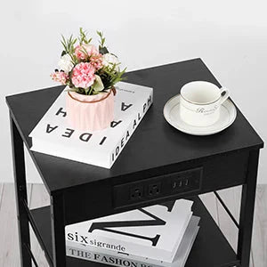 3-Tier Nightstand w/ Charging Station - 2 Pcs Grey Bedside Table w/ USB Ports & Storage Shelf for Bedroom
