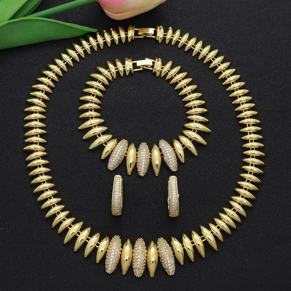 Dubai Vintage Jewelry Sets For Women Luxury Design Shiny Zircon Gold Plated Necklace Earring Bangle Wedding Party Accessories