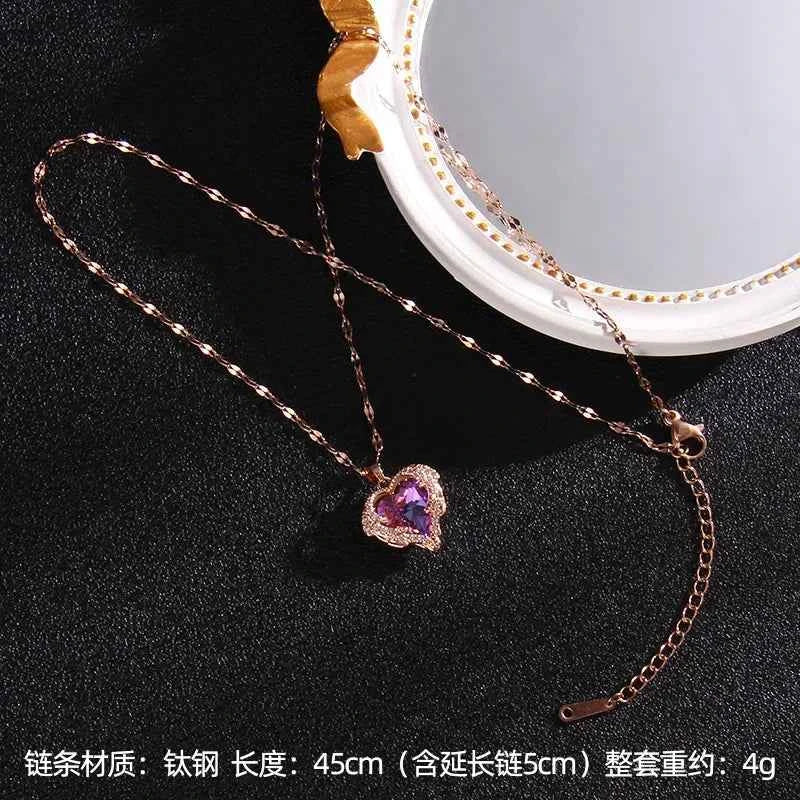 Luxury Colorful Crystal Ocean Heart Pendant Necklace For Women Korean Fashion Stainless Steel Neck Chain Female Wedding Jewelry
