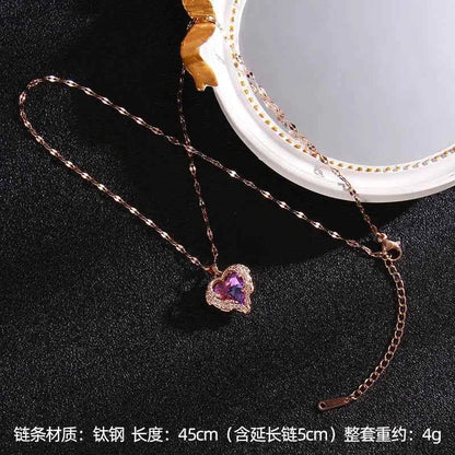 Luxury Colorful Crystal Ocean Heart Pendant Necklace For Women Korean Fashion Stainless Steel Neck Chain Female Wedding Jewelry