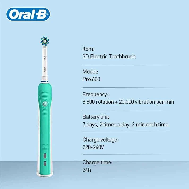 Oral B Electric Toothbrush Pro600 3D Action Daily Clean Pressure Sensor Gum Care Waterproof Rechargeable 7-Day Battery Life
