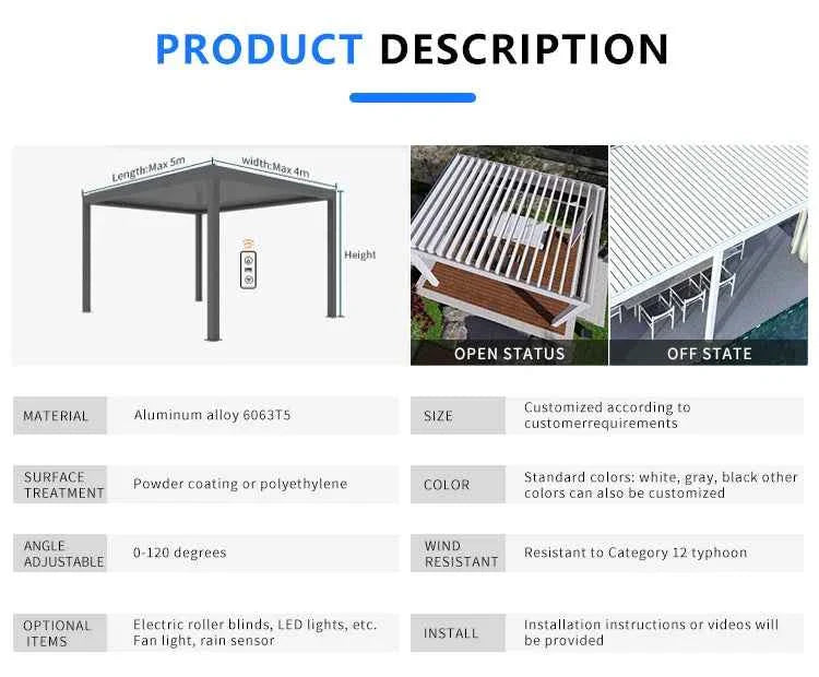 3X3Bioclimatic Pergola Aluminium Pergola Outdoor  Aluminum Pergola Gazebo Manual Pavilion Louver Roof Pergola Carport