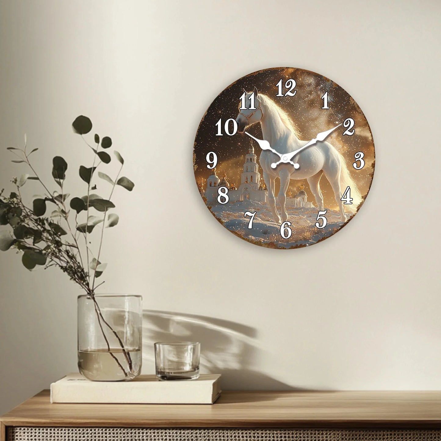 White Horse in Snowy Landscape Round Wall Clock, Ethereal Equine Art Decorative Clock, Dreamy Winter Scene Timepiece for Wall Ar