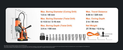 SucceBuy 11PCs Magnetic Drill Motor 1.6 in 1450W Boring Diameter 850RPM Speed 2810 lbf Portable Electric Mag Drill Press
