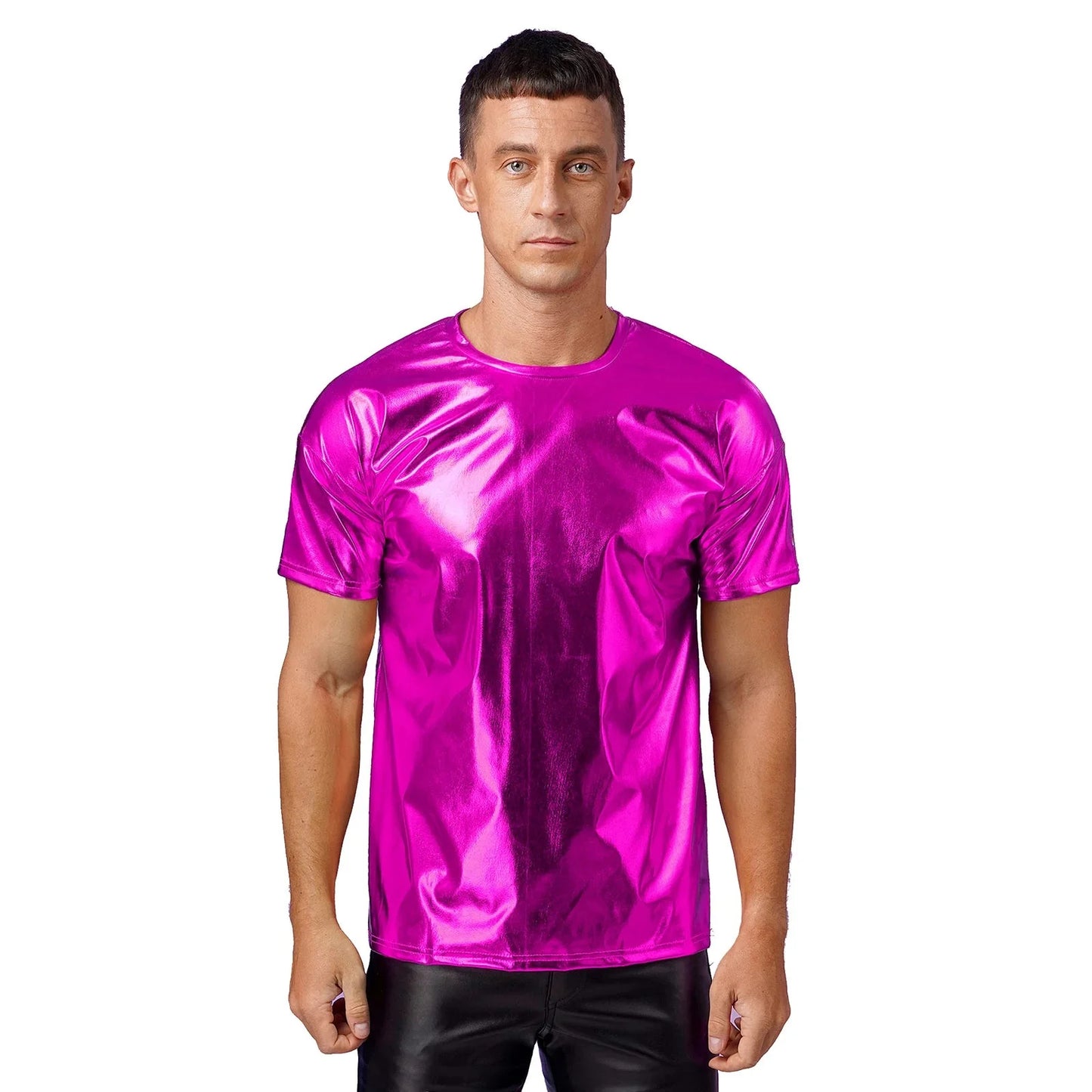 Mens Dance Shirts Tops Party Performance 80s Clothes Metallic Shiny Short Sleeve Round Neck T-shirt for Club Show Role Play