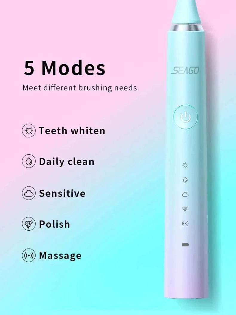 Seago S2 Sonic Electric Toothbrush  5 Modes Whitening Tooth brush 2 Minute Smart Timer IPX7 With 3pcs Replacement Brush Heads