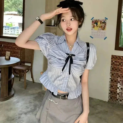 Bow-rinked Striped Shirt for Women Summer French Sweet and Spicy Puff Sleeve Shirt Short Short Sleeve Top