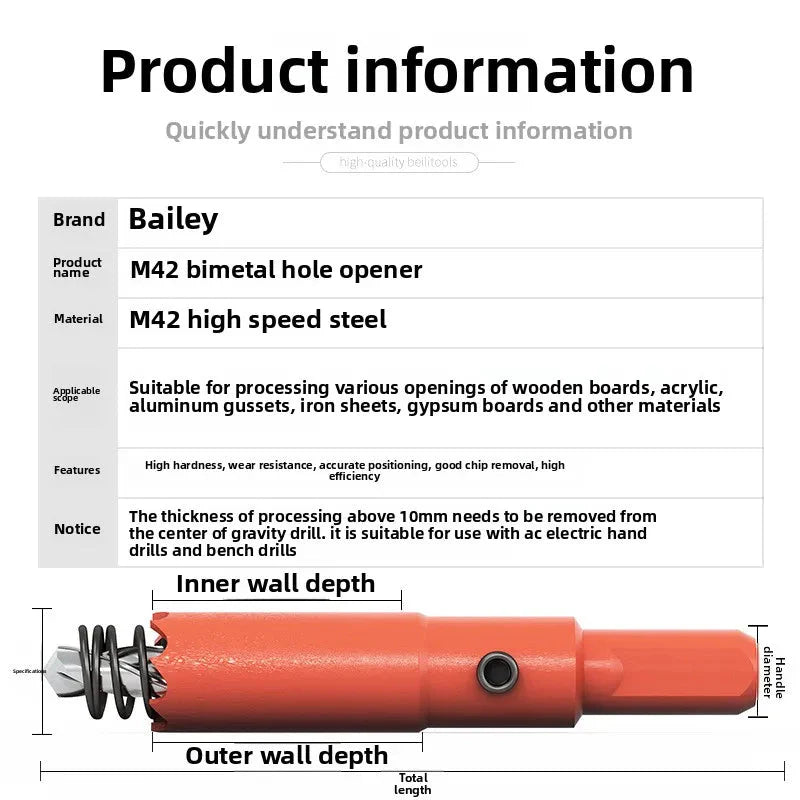 M42 bi-metal woodworking hole saw for drywall, PVC, plastic, iron plate, and recessed light drilling.