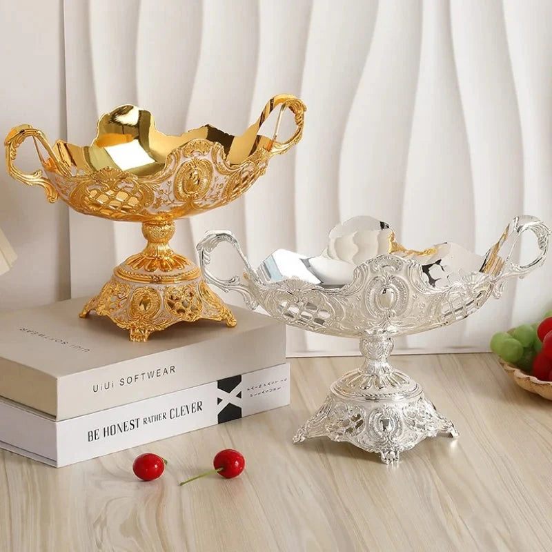 European Fruit Plate,Alloy Household Hollowed-Out Shape Tall Feet Plate,Portable Gold Snack Disc,Candy Plate Wedding Decoration