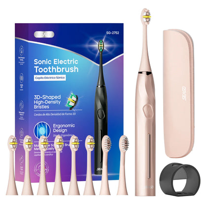 SEAGO Electric Toothbrush with 8 Soft Bristle Heads for Adults Pressure Sensor 5 Modes with 2 Minutes Smart Timer SG-2752
