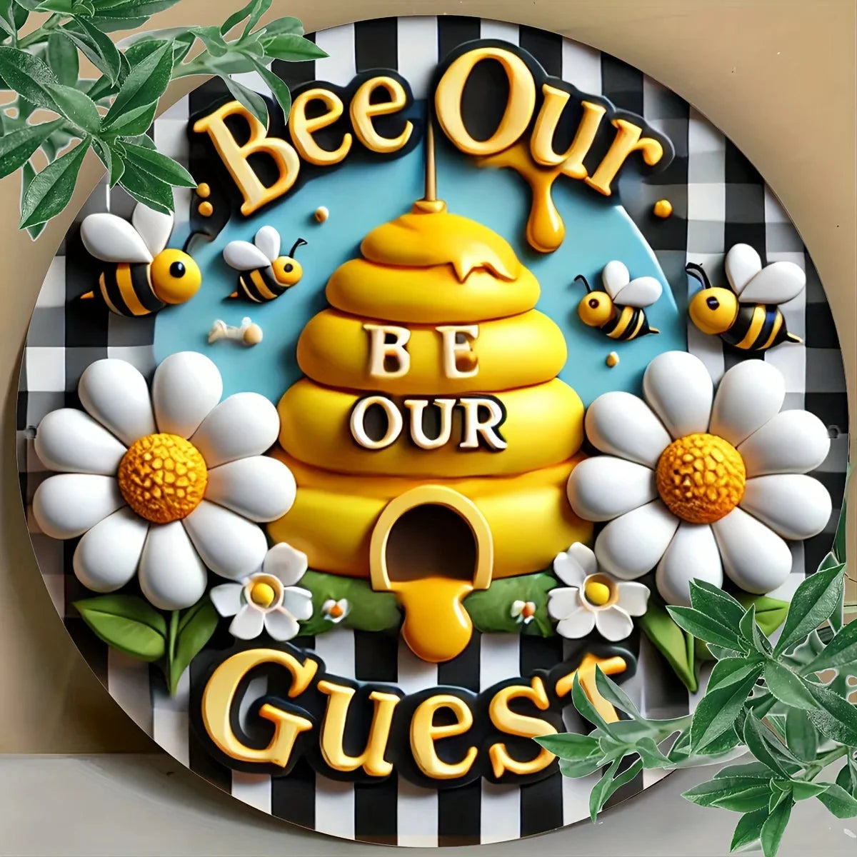 1pc 8x8 Inch Round Aluminum Metal Sign, Bee Wreath Wall Art, Summer Home Decor, Outdoor Indoor Door Decoration