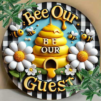 1pc 8x8 Inch Round Aluminum Metal Sign, Bee Wreath Wall Art, Summer Home Decor, Outdoor Indoor Door Decoration