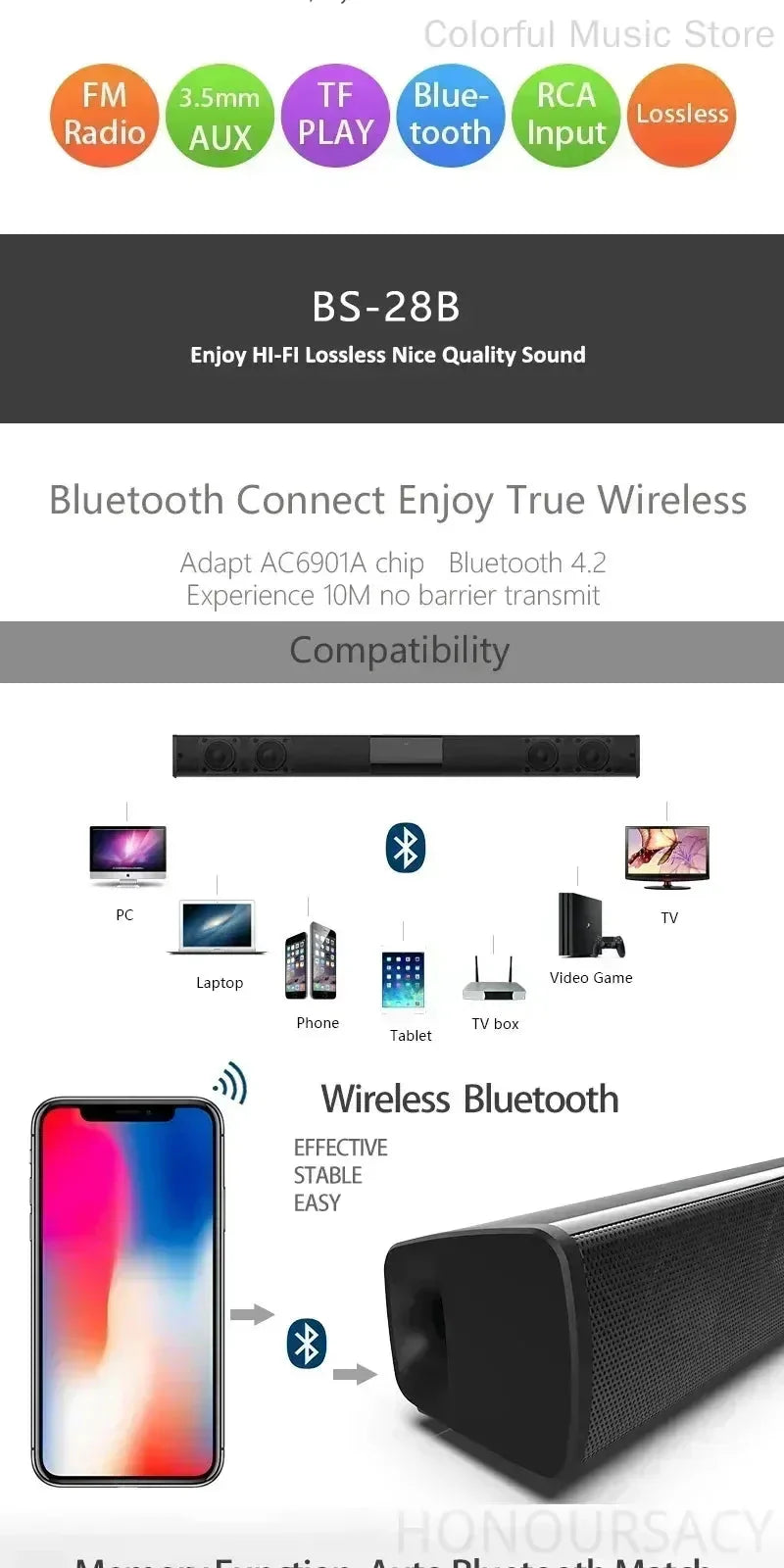BS-28B High Quality Bluetooth Speaker High Power Wallmounted Wireless 40w Sound Bar Stereo Home Theater TV Strong Bass Sound Bar